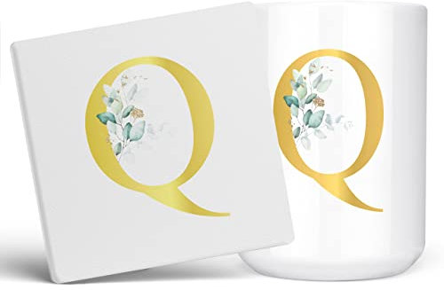 Taza de café con letra Q personalizada, regalo personalizado, letra impresa con efecto dorado, no metálica, taza de café de cerámica para hombres o mujeres, taza extra grande y gigante, taza blanca