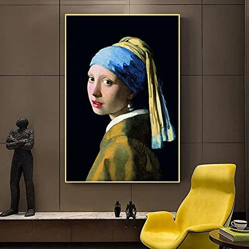 Zhaoyang Art Das Mädchen mit dem Perlenohrring von Jan Vermeer Leinwandbild, Porträtdruck, gerahmtes Wandkunstbild für Wohnzimmerdekoration, 70 x 100 cm/28 x 39 Zoll, goldener Rahmen
