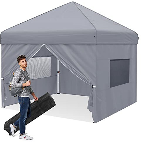 Gazebo, Ej.Victor 3x3m Pop Up Gazebo Instant Folding, Outdoor Gazebo Tent with Sidewalls and Mesh Windows Sun Protection for Vendor Events, Outdoor Craft Show, Farmers Markets(Grey)