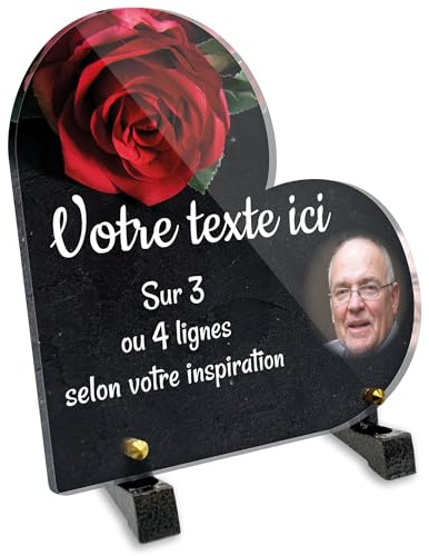 OCAP-FUNERAIRE.COM Grabschild Herz mit Foto personalisierbar aus Plexiglas, Motiv rote Rose auf Schiefer, verschiedene Größen, Dicke 6 mm, personalisierbar auf mehrere Linien, 15 x 15 cm