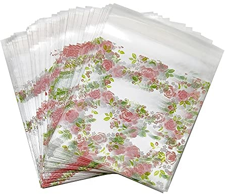 YDHfdc 300pcs Self Adhesive Rose Flower Printing Cellophane Gift Bags - 70mm*70mm for Candy, Soap, Cookie, Valentine Chocolates