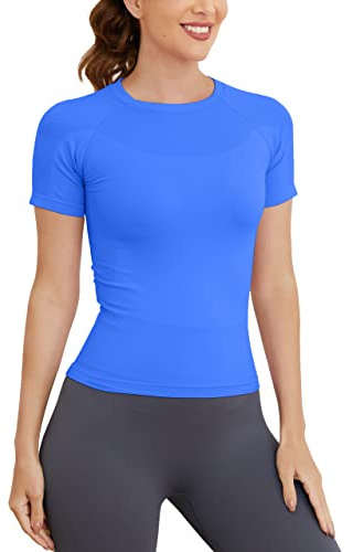 MathCat Short Sleeve Workout Tops for Women, Seamless Women's Compression Shirt, Yoga Running Athletic Shirts Soft Gym Tops Lakeblue