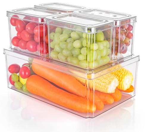 Dyserbuy Fridge Organisers, Stackable Storage Containers, Set of 5 | Clear Plastic Storage Bins with Lidsto Keep Fresh for Fruits Vegetable Freezer Kitchen Pantry Cabinet Cupboard