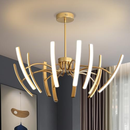 LáMpara Colgante Led,Grande De 12 Luces Forma Ajustable,Montaje Inclinable,LáMparas Modernas Para Sala De Estar, Dormitorio,Sala De Estar,Cocina,VestíBulo Regulable 3000-6000K,120W φ1100(Dorada)