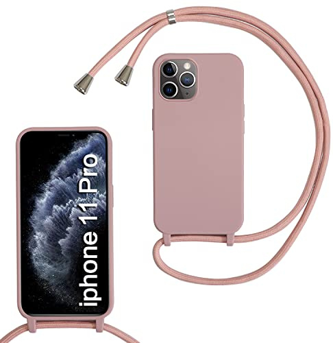 Haygdz Silikon Handykette für iPhone 11 Pro Hülle mit Band,Verstellbarer Halskette Handyhülle,Necklace Hülle mit Band,Handyhülle für zum Umhängen,Case mit Schnur, Sand Pink