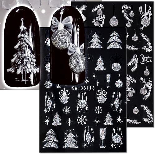 4 Blätter Nagelsticker Weihnachten,Glitzer Xmas Baum Nail Sticker Silber Jingle Bell Kiefer Blatt Nagelaufkleber 3D Schneeflocken Stern Nagel Stickers für Nail Stickers Nageldesign Nageldesign Zubehör
