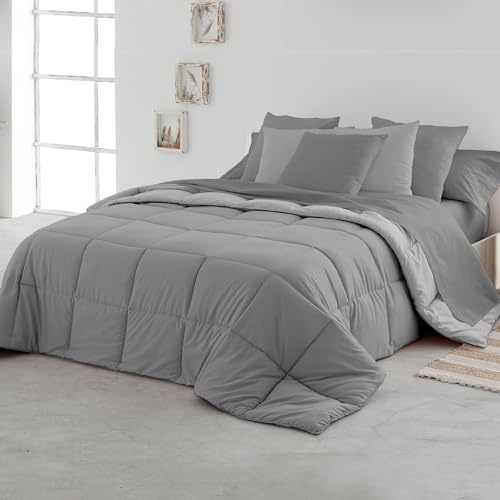SOMNI HOME Nordico Edredon Bicolor Cama 105 cm Tacto Plumón. Duvet Acolchado Cuadros. Grueso Comodo Ligero. Cama Individual. Calidad 400 gr. Color Perla - Marengo 200x260
