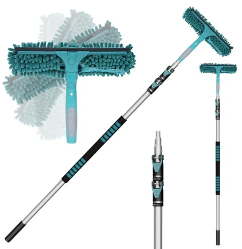 TelesPro 20 Feet High Reach Window Squeegee with 5-12Ft Extension Pole, Window Cleaner Tool with 3-Stage Telescoping Pole, Window Cleaning Kit with Rotatable Head (2 Squeegee & 2 Microfibre Cloths)