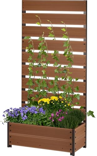 dobar® XXL-planteringskruka av WPC med högt rankgaller-insynsskydd – stor planteringslåda perfekt för balkonger och terrasser – 72 x 33 x 137 cm – teak