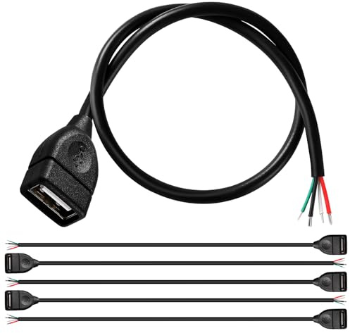 KUOQIY 5 Stücke USB-A Weiblicher 5V / 3A Pigtail offenes Ende Stromkabel, 30cm 22 AWG USB 2.0 Weiblicher 4-poliger Draht DIY Pigtail-Kabel, für USB-Geräte Reparatur DIY-Kabel