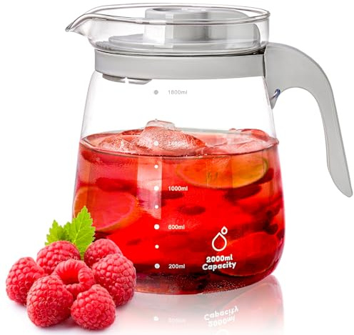 WRINGKIT Glass Water Pitcher, 1.8L / 64 Oz Iced Tea Pitcher Carafe with Lid, Half Gallon Heat Resistant Juice Jug with Precise Scale Line, Great for Sun Tea, Lemonade, Iced Coffee, Milk
