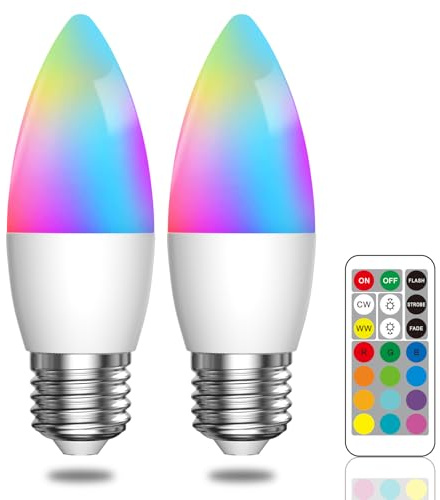 Lamptobe 3W E27 LED Lampe Farbwechsel mit Fernbedienung, RGB Farbige Glühbirne Dimmbar, Ersetzt 40W Edison Warmweiß+Kaltweiß, 12 Farben, für Party, 2 Stück