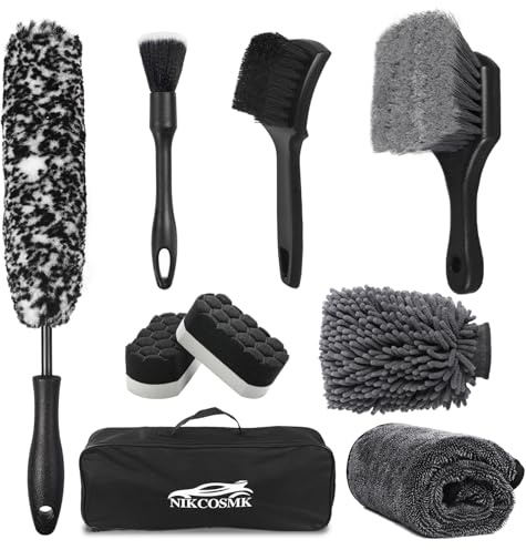 9Pcs Car Wheel & Tire Brush Kit, Wheel Cleaner Brush, Soft-bristled Rim Brush, Car Drying Towel (36x 24), Tire Shine Applicator Pad, Car Wash Mitt, Car Detailing Cleaning Wash Brush Supplies Kit