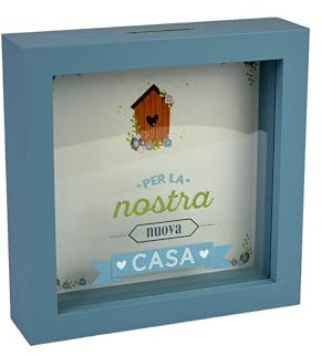 Salvadanaio Decorativo in Legno, Tema Nuova Casa, 16x16 cm, Blu