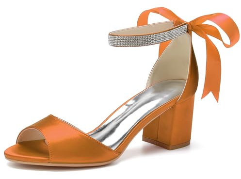Scarpe da Sposa Sandali Peep Toe Sandalo da Donna con Tacco Largo Cinturino alla Caviglia Pompe da Sposa in Raso,Arancia,35 EU
