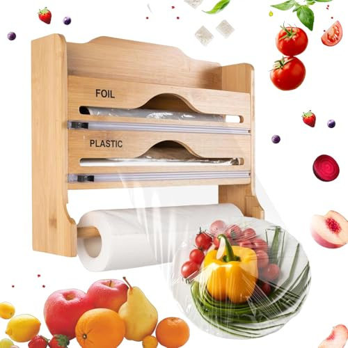 diceevil Taglierina per Pellicole 4 in 1 in Bambù, Supporto da Parete in Bambù con Dispositivo di Taglio, Portarotolo con Supporto, Per Carta Stagnola, Pellicola Trasparente E Carta Da Forno