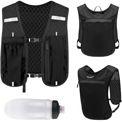 Gilet da corsa per uomo e donna, con borraccia da 550 ml, cintura toracica regolabile, con tasca per cellulare e strisce riflettenti per attività all'aria aperta e ciclismo (nero, generale)