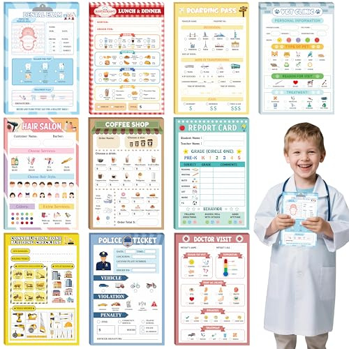 TICIAGA Kids Pretend Play Notepads - 10PCS 4 x 6 Inch Playtime Pad Included Restaurant Police Vet Doctor Visit Coffee Salon Notepad 30 Pages Pretend Notebook Imaginative Role for Toddler Kid Play Game
