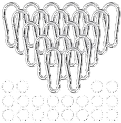 JEUIHAU 20 Pack 8cm Carabiner Clips, Spring Snap Hooks with 20 Key Rings, Silver Carabiner Clip, M8 Snap Link for Camping, Hiking, Fishing, Outdoor Trave