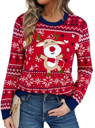 Litherday Suéter de Navidad para Mujer Jersey de Invierno con Cuello Redondo Diseño de Reno y Copos de Nieve Suéter Navideño Familiar Ugly Christmas Sweater