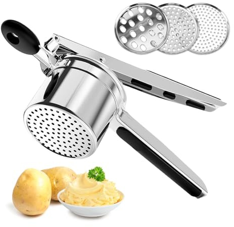 Potato Ricer, Stainless Steel Potato Mashers with 3 Interchangeable Discs, Kids Food Masher with Handle, Professional Masher Kitchen Tool Fruit Press for Smooth Creamy Mashed Potatoes Ricer