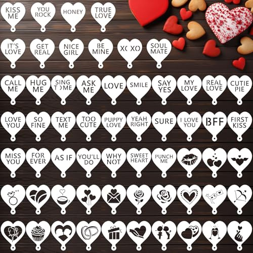Honeydak 60 Pcs Valentines Stencils Crafts Letters Heart Reusable for Painting on Wood Coffee Cake Stencils for Holiday Ornament DIY