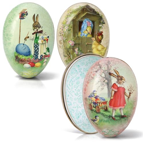com-four® 3x Påskägg att fylla 12 cm, Vintage motiv, För godis