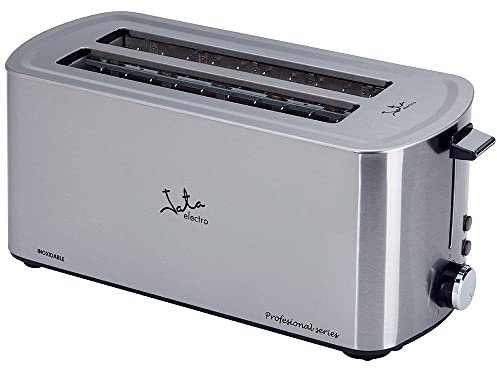Jata TT1046 Tostadora de Boca Ancha Inox, Dos ranuras de 255 mm x 40 mm, 5 posiciones de tostado, Centrado automático del pan, Cuerpo toque frío, Descongela, Recogemigas, Mantiene Calor, 1400 W