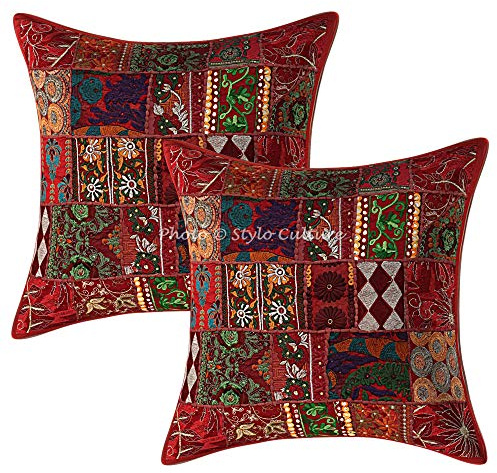Stylo Culture Ethnicas Forros De Cojines Decorativa 60x60 cm Algodón Abstracto Fundas Almohadones Cama Granate 24x24 Inch Patchwork Vintage Cuadrado sobre Fundas De Cojines De Sofa - 2 Pcs