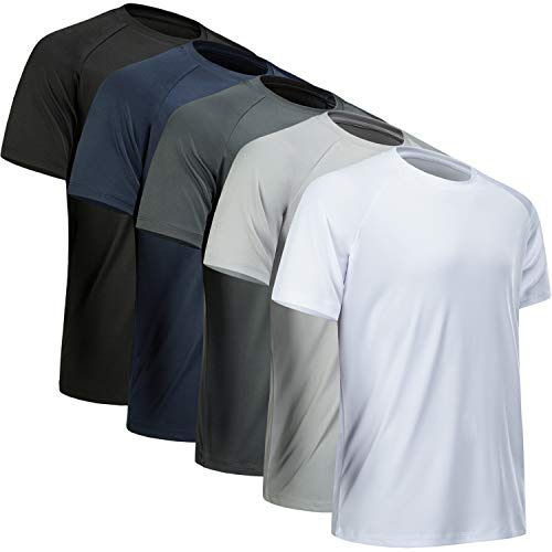 MCPORO Workout Shirts for Men Short Sleeve Quick Dry Athletic Gym Active T Shirt Moisture Wicking 5 Pack Black, Dark Grey, Light Grey, White, Navy 3X-Large