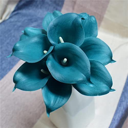 MUNACRAFT 10 Stängel Mini Calla-Lilien-Bouquet Teal Green White Calla-Lilien-Brautstrauß Hochzeitsblumen Mittelstücke-festes Teal-Blau
