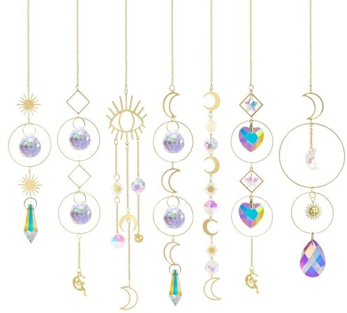 OFFCUP Attrape Soleil, 7pcs Attrape-Soleil en Cristal, Perle de Verre Prisme Arc-en-Ciel en Cristal Suspendu Suncatcher Pendentif en Cristals pour fenêtre Maison Jardin fête Mariage