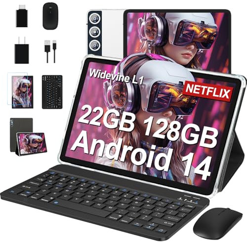 DMOAO Tablet 10 Pulgadas Android 14, 22GB RAM + 128GB ROM(1TB Ampliable), Octa-Core Tablets con Widevine L1, 8000mAh, 5G WiFi, Cámara 8MP+5MP, Tablet con Teclado, BT5.0/GPS/OTG
