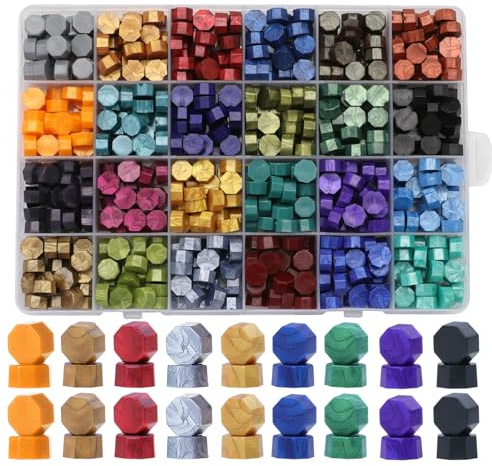 Andotopee 600 Pcs Assorted Sealing Wax Beads for Seal Stamp, 24 Colors Wax Seal Kit, Black Gold Red Green Multicolor Pellets Bulk for Wedding Invitation Envelope DIY Christmas Card