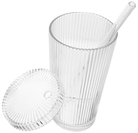 Alipis Gobelet en Verre Borosilicate Grosse Capacité Multifonction 360ml avec Couvercle et Paille Tasse Transparente Rayée Élégante pour Thé Matcha et Boissons