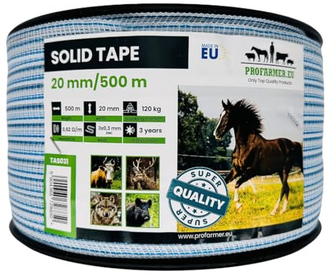 SOLID Weidezaunband 500m / 20mm – Elektrozaunband mit 3x 0,30mm Zinkleitern – weiß-blau – UV-beständig – für Pferde, Rinder, Ziegen, lange Zäune