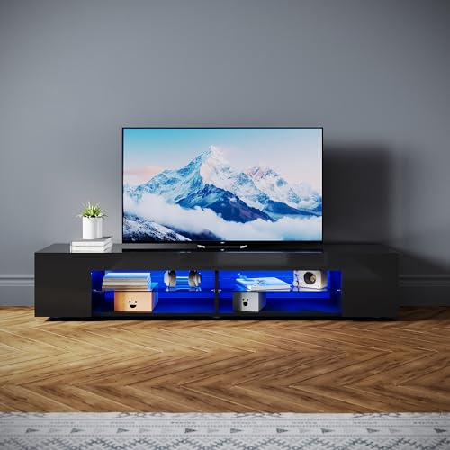 SONNI TV-skåp modernt 160 cm, lågbräda högglans svart med 16 färger LED-belysning, glasgolv, 6 öppna hyllor för TV upp till 65 tum, TV-bord för vardagsrum och sovrum, 160 x 39 x 30 cm.