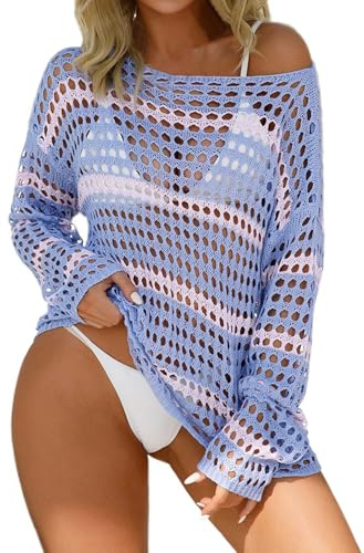 Crop Top Femme Transparent Filet de Pêche Haut Crochet Pull Tricoté Couleur Unie Manches Longues Cover Up Plage Robe de Bain Mesh Haut Femmes Mesh Courte Robe d'été