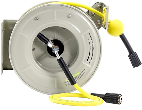 M MINGLE Retractable Pressure Washer Hose Reel, 1/4 × 60ft Power Washer Hose Reel, Auto Rewind Hose Reel, Wall/Floor Mounted, 3600 PSI