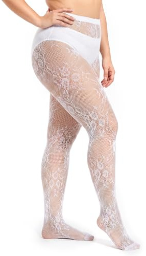 RAHLIZS Vita blommiga strumpbyxor dammönster vita spets fisknät tights elastiska Lolita hög midja nätstrumpbyxor ihåliga för kvinnor, överdimensionerade