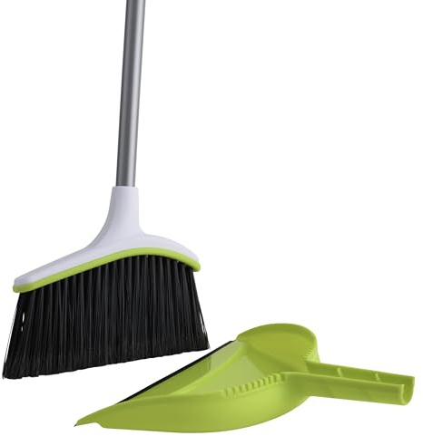Casabella Basics 2-Piece Angled Broom and Dustpan Set, 44 Angled Broom with Long Handle and Dustpan, Silver/Green