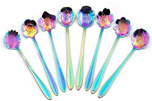 niceEshop(TM) Blumen Löffel Set, Set von 8 Edelstahl Teelöffel Bunte Kaffeelöffel Teelöffel Rührlöffel Zucker Löffel, Regenbogen