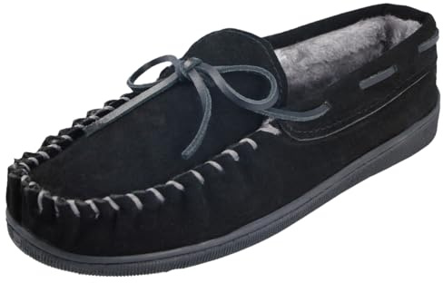Cushion Walk Mens Real Suede Leather Moccasin Slippers Size 7-12 (10 UK, Black/Grey)
