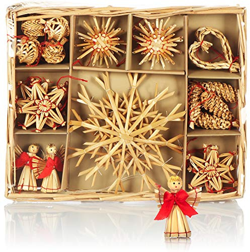 COM-FOUR® 26pc Straw Star Mix Set - Natural Christmas Tree Hanging Ornaments