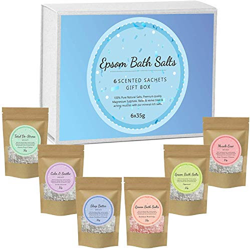 Bath Body Spa Scented Pure Epsom Salts Box Hamper | Magnesium Sulphate Bath Salt | 6x35G Variety Gift Hamper Box Pack by PSN | Ideal for Relieving Sore Muscles | Reduces Inflammation