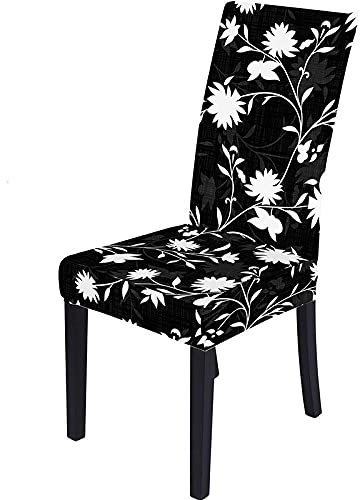 ZSXP Universal Stretch Beschützer Stuhlhusse,Stretch Esszimmer Stuhlhussen Weiße Blume Pflanze Gedruckt Schwarz Spandex Pfarrer Stuhl Protektoren Stuhl Schonbezüge Für Küche Hotel Restaurant, 6 Stü