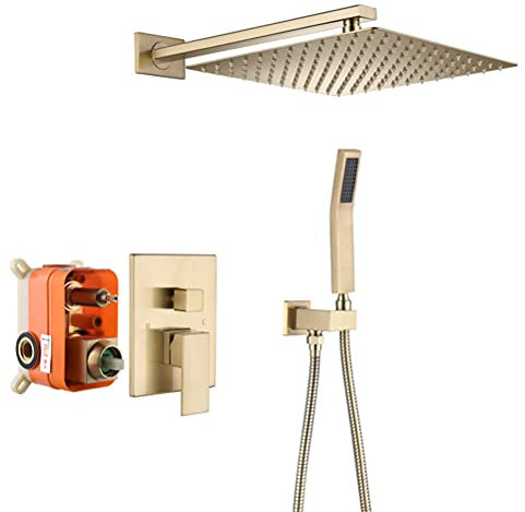 Duscharmatur Unterputz Set, Gebürstet Gold Messing Wandmontage Zwei Funktionen Bad Duschhahn, Mit 8-12 Quadrat Regenfall Duschsystem Regendusche Ohne Armatur, Mit Ventil Körper,Brushed gold,10 inch