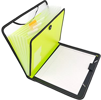 D.RECT Fächermappe A4 mit Notizbuch, 7 Fächer, erweiterbare Ordnungsmappe mit Verschlussknopf und Gummizug, Dokumentenmappe für Büro, Schule und Reisen, Limegrün