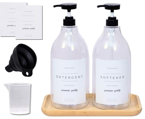 Flüssiger Waschmittelspender für Waschküche – 2 dekorative 1,8 l Behälter mit wasserabweisenden Etiketten – Plus 2 Pumpen und Schraubkappen, Faltbarer Trichter, zusätzliche Etiketten und Bambusschale