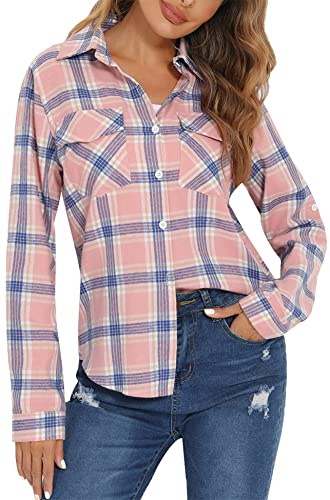 Camisa Cuadros Algodón Mujer Franela Camisa Leñador Blusas Basiccon Botones Camisetas Cuello V Manga Larga Oficina Básico Vintage Western Casual Azul Rosado S